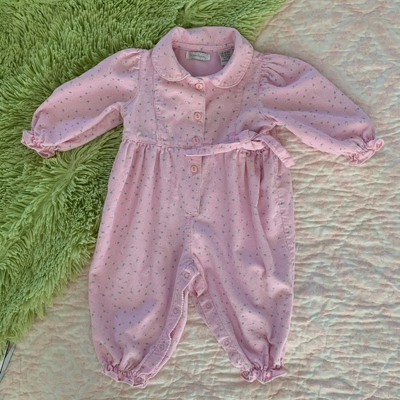SomeBunny Other - Somebunny Romper Corduroy Long Sleeve Pink Floral Tie VTG Baby Girls 6-9 Months